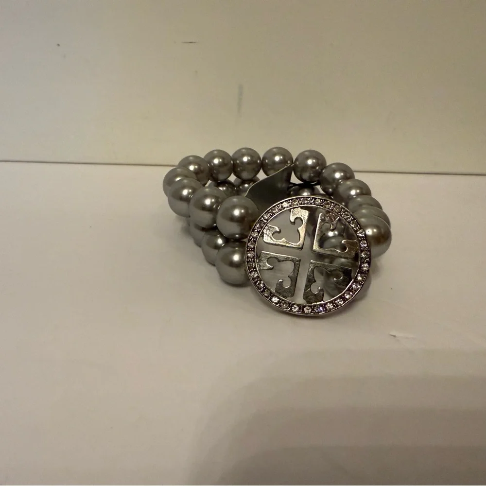 NEW ISIS CREATIVE BRACELET SILVER TONE FAUX PEARL DOUBLE STRAND & T RHINESTONE